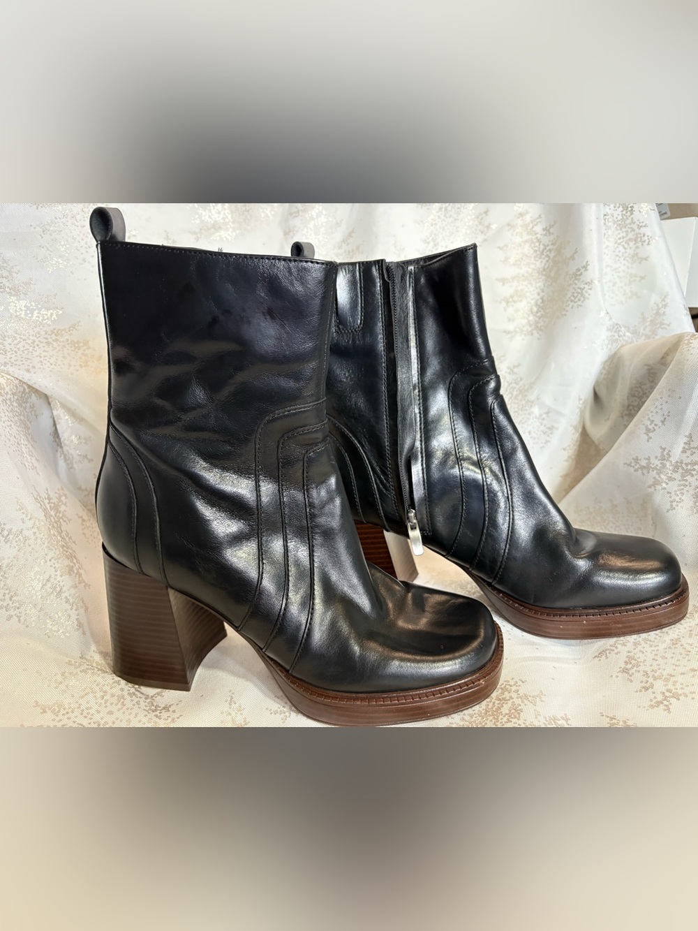 Nine West Black Leather Platform Block Heel Ankle Boots - Picture 4 of 16